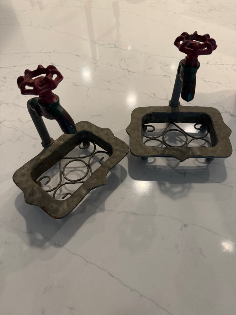 Decorative Faucet Soap Dish Pair - Rustic Red & Green Metal